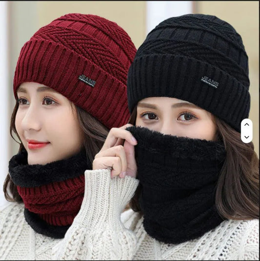 2 Pcs Winter Woolen Cap & Neck Warmer Set for Women