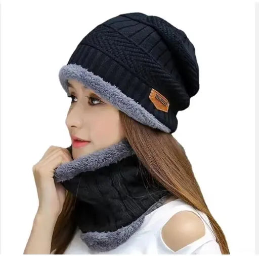 2 Pcs Winter Woolen Cap & Neck Warmer Set for Women